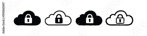 Secure Cloud Storage Icon Set. Data Protection and Internet Security Symbol.