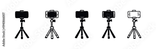 Smartphone Tripod Stand Icons. Hand Drawn Mobile Phone Holder Symbols. Vlogging and Live Streaming Equipment Vector Set.