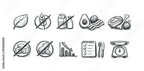 Nutrition and diet chalk outline icon set. healthy eating, food restriction symbols.