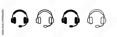 Headset with Microphone Icon Set, Customer Service and Communication Symbols