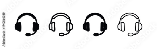 Communication Headset with Mic Vector Icon Collection, Online Support and Gaming