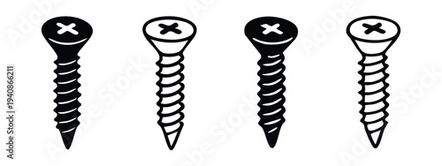 Cross Head Wood Screw Icons Set. Fastener Building Material Vector Illustration on White Background.