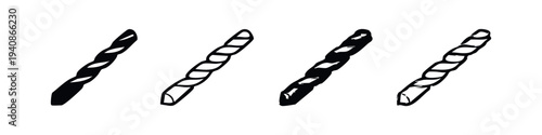 Hand-Drawn Spiral Drill Bit Icons for Construction and DIY Projects Vector on White Background.