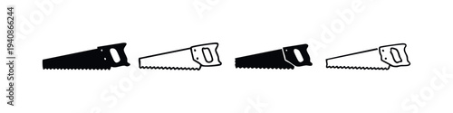 Hand Saw Builder Tool Doodle Icon Set. Black and white vector illustrations for construction and DIY projects.