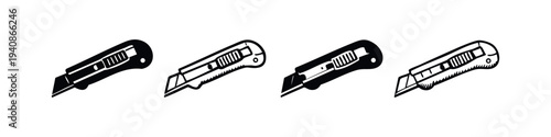 Utility Knife Cutter Doodle Icon Set. Black and white vector illustrations of cutting and craft tools.