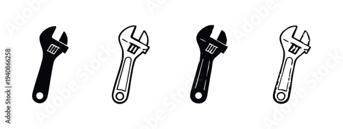 Monkey Wrench Hand Tool Doodle Icon Set. Black and white vector illustrations for various repair tasks.