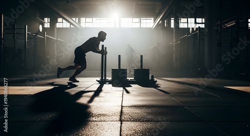 Determined Athlete Pushing Heavy Weighted Sled in Dramatic Backlit Gym During Intense Strength Training