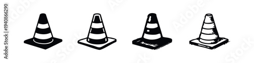 Collection of traffic cone icons in different styles, black and white warning and safety illustration.