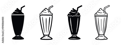 Milkshake icon set. Sweet whipped cream beverage with straw in various black and white vector styles.