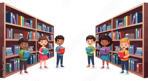 Illustration of diverse children reading books in a library on Read Across America Day with a colorful and lively design.