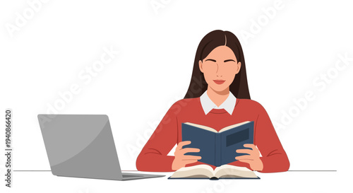 Illustration of a woman reading a book next to a laptop on a table, symbolizing Read Across America Day with a focus on education and literacy in a modern setting.