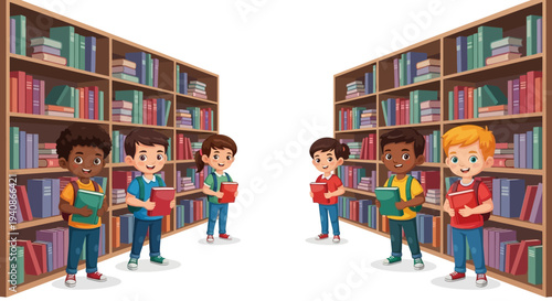 Illustration of diverse children and adults reading books in a library on Read Across America Day with a colorful and lively design.