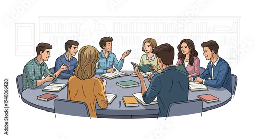 Illustration of diverse group of people sitting around a table with books on Read Across America Day in a modern library setting with a design icon style.