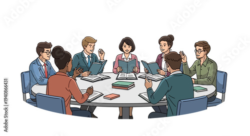 Illustration of diverse people sitting around a table with laptops and books on Read Across America Day in a business setting.