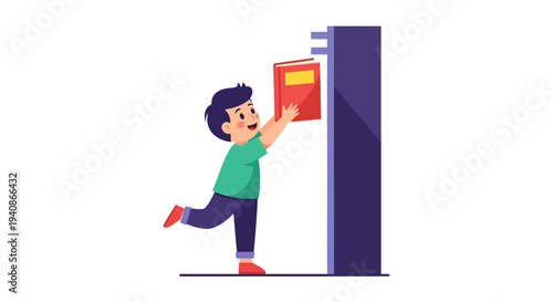 Vector illustration of a cheerful young boy holding a book and running towards a library on Read Across America Day with a joyful mood.