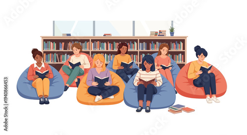 Illustration of diverse people including children reading books on bean bags in a library on Read Across America Day with a colorful design