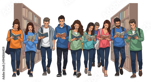Illustration of diverse group of students reading books while walking in a library on Read Across America Day with a colorful design