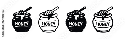 Honey pot with dipper icons set, hand drawn natural sweet food vector illustration.
