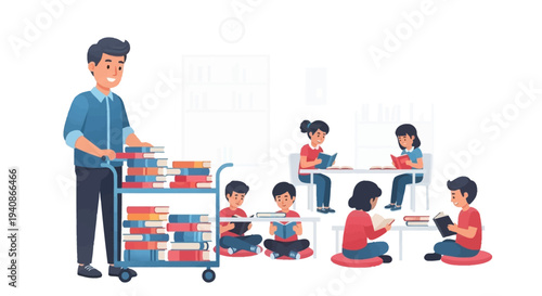 Illustration of a man and children reading books on a colorful day for Read Across America Day in a library setting.