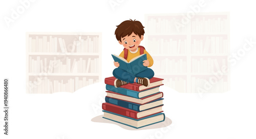 An illustration of a young boy reading a book sitting on a stack of books with a library background, celebrating Read Across America Day.