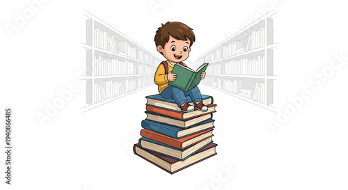 A young boy sits on a stack of books reading in a library with a joyful and educational atmosphere on Read Across America Day.