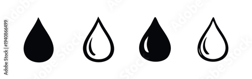 Water drop icons set in various black and white styles, including solid, outline, and glossy designs.