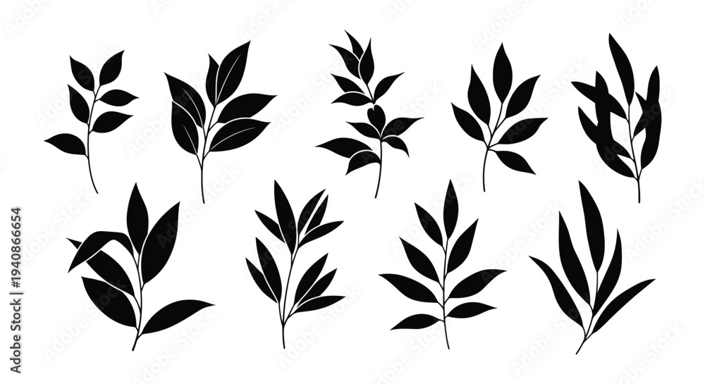 Fototapeta premium Collection of black silhouettes of leaves and branches on white background.