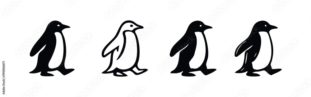 Fototapeta premium Set of stylized black and white walking penguin icons, isolated on white background. Simple vector illustrations for animal themes or character design.