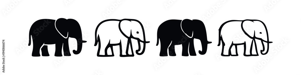 Obraz premium Collection of stylized black and white elephant icons, isolated on white background. Side view vector illustrations for wildlife, safari, or animal themes.