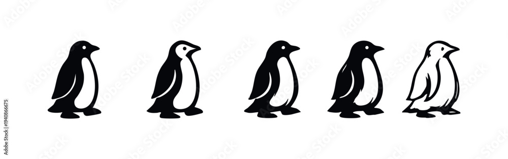 Obraz premium Various stylized black and white penguin icons, isolated on white background. Set of simple vector illustrations for logos, mascots, or wildlife themes.
