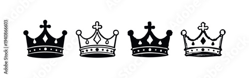 Set of Four Stylized Black and White Crown Icons for Royalty and Success