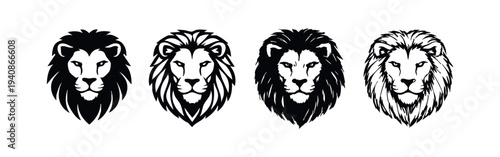 Set of Four Black and White Lion Head Logos and Icons in Different Styles