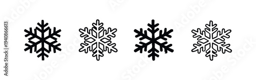 Snowflake icon set (version 2). Winter holiday cold crystal simple flat and line art vector illustration.