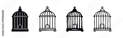 Collection of Four Black and White Empty Bird Cage Icons in Various Styles