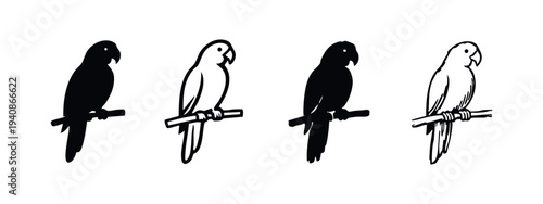 Collection of Four Black and White Parrot Icons Perched on a Branch