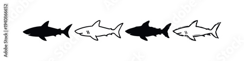 Cartoon Shark Icon Set. Marine Animal Character Silhouettes and Outlines in Different Styles.
