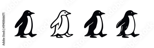 Set of stylized black and white walking penguin icons, isolated on white background. Simple vector illustrations for animal themes or character design.