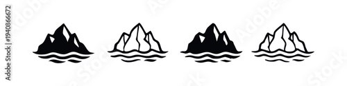 Set of stylized black and white iceberg icons with waves, isolated on white background. Vector illustrations for marine, cold climate, or nature concepts.