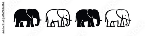 Collection of stylized black and white elephant icons, isolated on white background. Side view vector illustrations for wildlife, safari, or animal themes.
