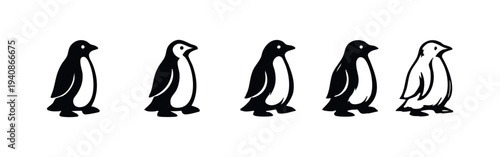 Various stylized black and white penguin icons, isolated on white background. Set of simple vector illustrations for logos, mascots, or wildlife themes.
