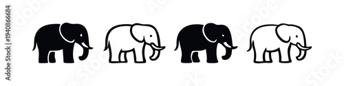 Set of stylized black and white elephant icons with tusks, isolated on white background. Side view vector illustrations for wild animals or conservation.