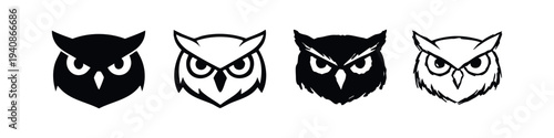 Set of stylized black and white owl head icons, isolated on white background. Vector illustrations for wisdom, night, or animal themes.