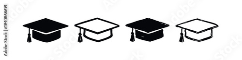 Collection of stylized black and white graduation cap icons, isolated on white background. Vector illustrations for education, achievement, or celebration.