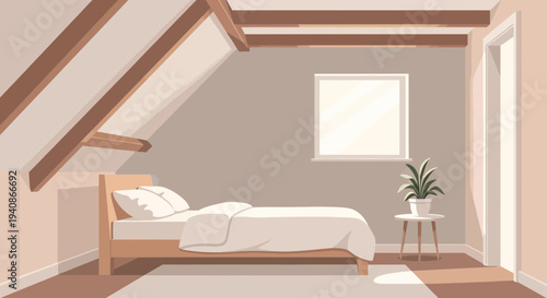 Minimalist Attic Bedroom with Sunlight and Wooden Beams