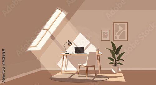 Minimalist Attic Workspace with Bright Window Light