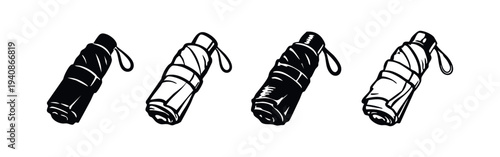 Folded travel umbrella icon set in various styles, representing weather protection and portability.