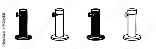Stanchion Barrier Post Vector Icon Set. Crowd Control Rope Barrier Symbols in Line Art and Filled Styles.