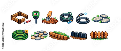 Gardening tools icon set. garden equipment, landscaping essentials pixel art collection