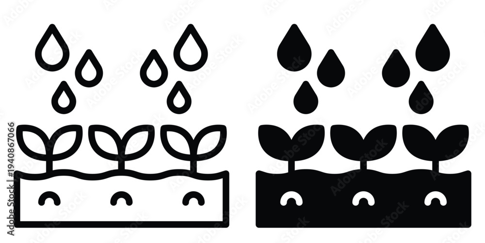 Fototapeta premium Black and White Illustration of Watering Plants with Raindrops Icon