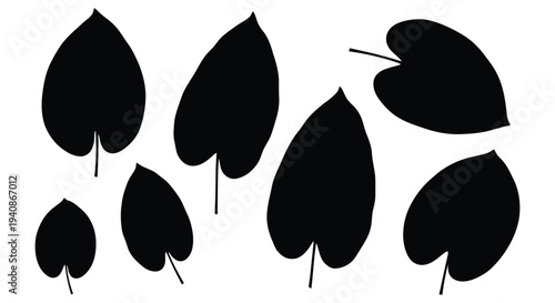 Collection of black leaf silhouettes on white background.